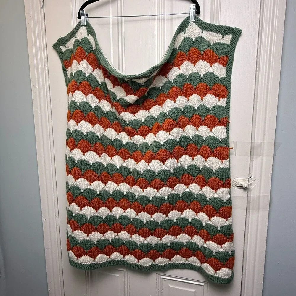 Handmade Crochet Throw Blanket Wave Pattern Green Orange White Boho Home Granny